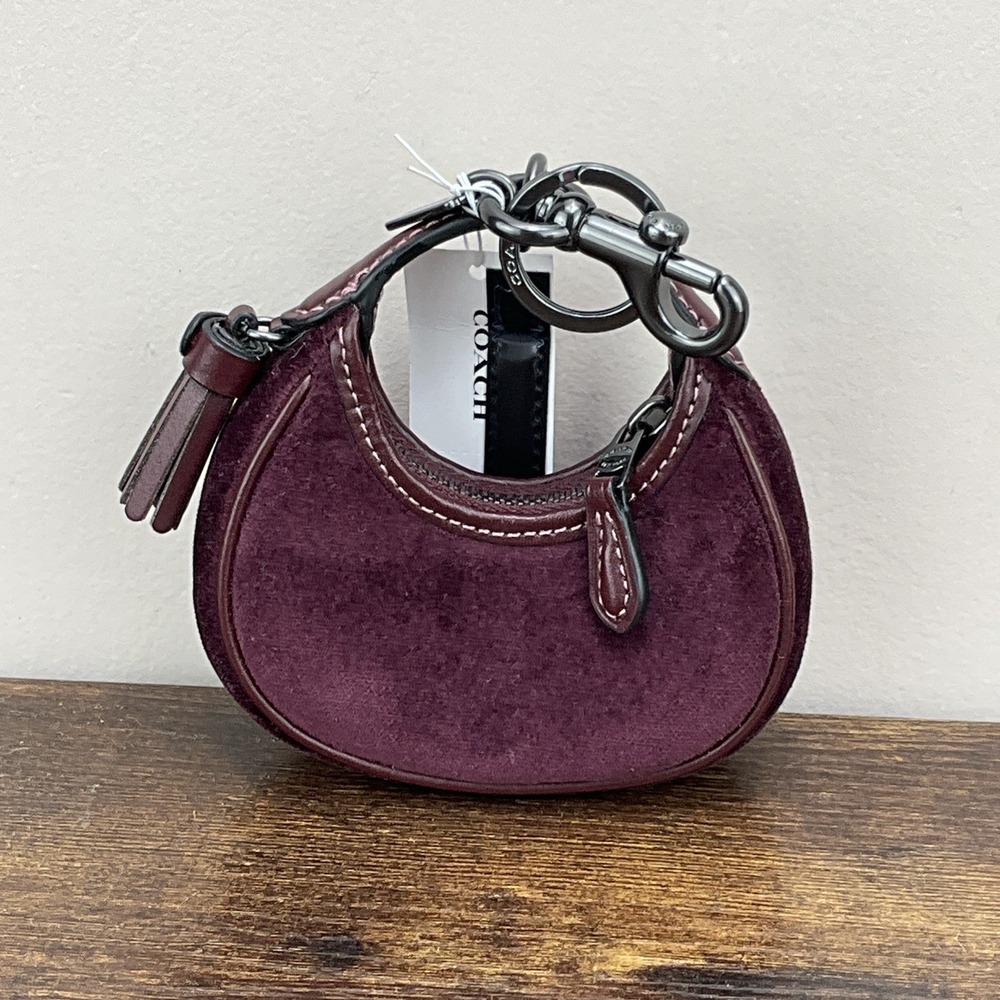 New Coach Mini Carmen Bag Charm Keychain Burgundy Velvet Leather Gunmetal CCF19 - Picture 2 of 10
